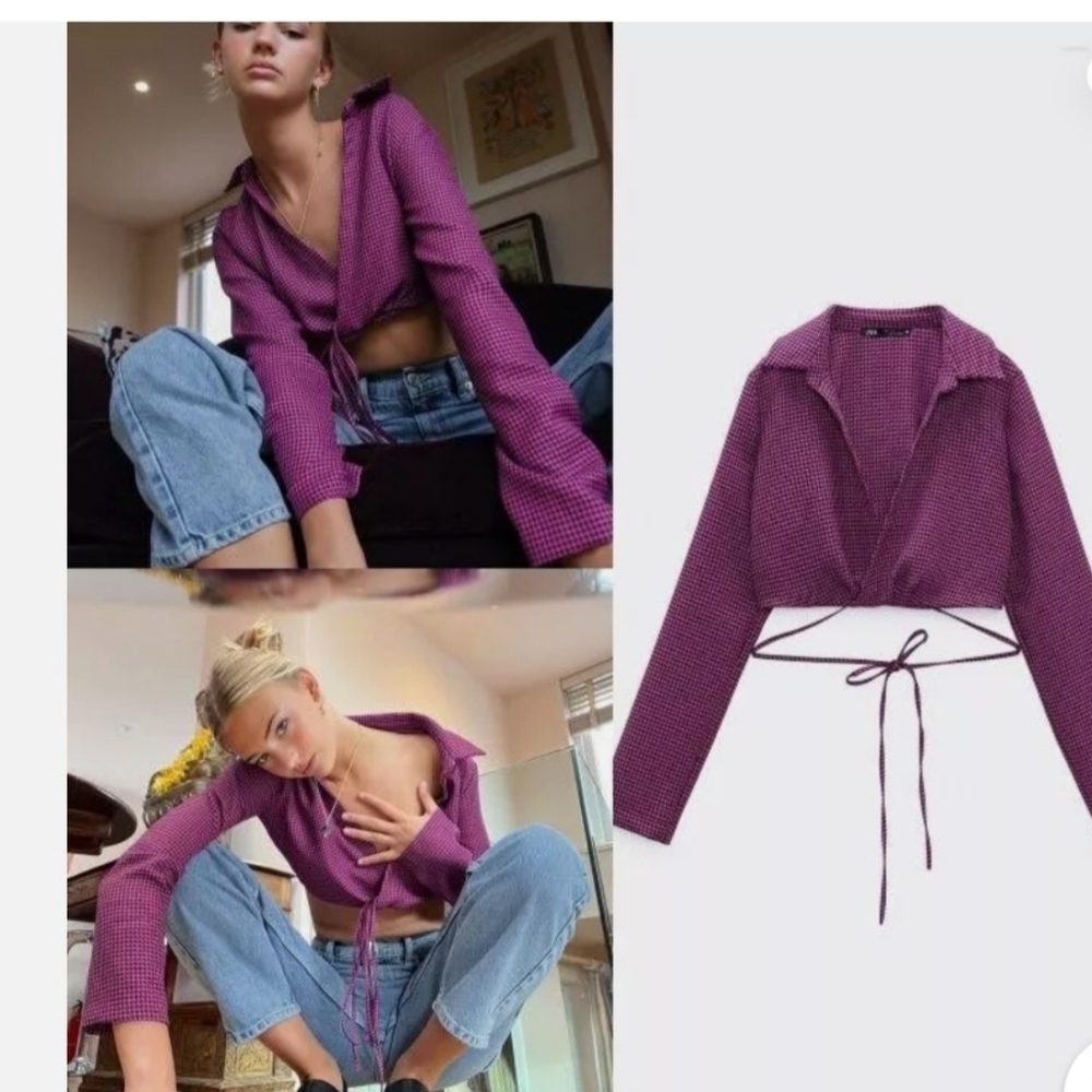 Zara Purple Long Sleeve V-Neck Houndstooth Crop Top
